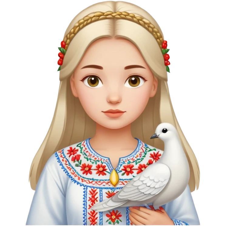 Ukrainian girl wearing a traditional embroidered vyshyvanka shirt with a white dove next to her emoji