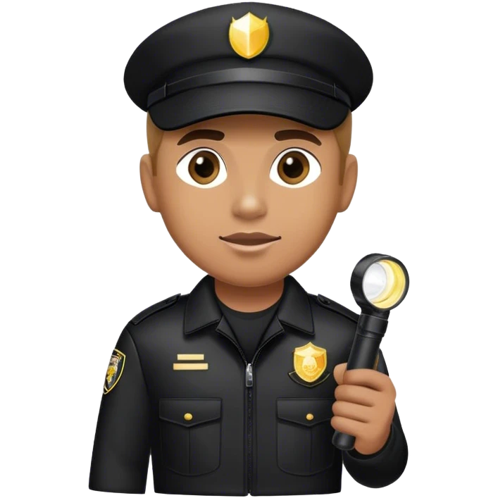 A vigilant male security guard wearing a black uniform, a baseball cap with ‘SECURITY’ embroidered on it, and a black jacket. He holds a flashlight  shining its beam forward, np police uniforms, no badge emoji