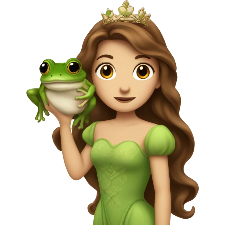 Brown haired princess kissing a frog in the mouth emoji