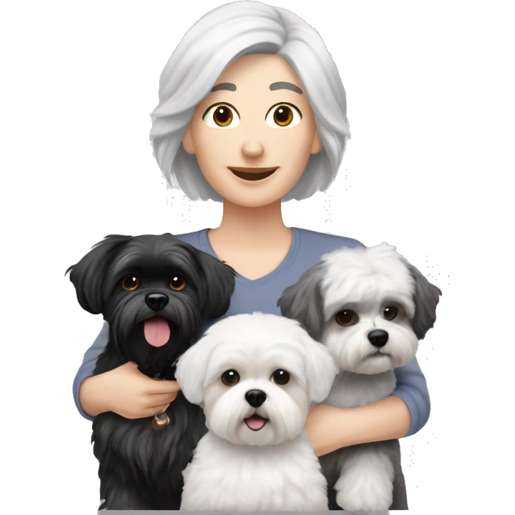 White women with short grey hair holding two dogs one black shih tzu and one white bichon frise emoji