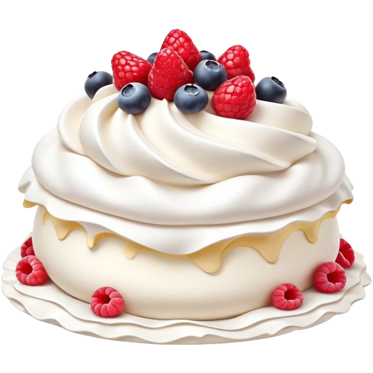 Cinematic Realistic Pavlova Dessert Emoji, showcasing a delicate meringue dessert topped with fresh fruit rendered with lifelike texture and soft natural lighting. emoji
