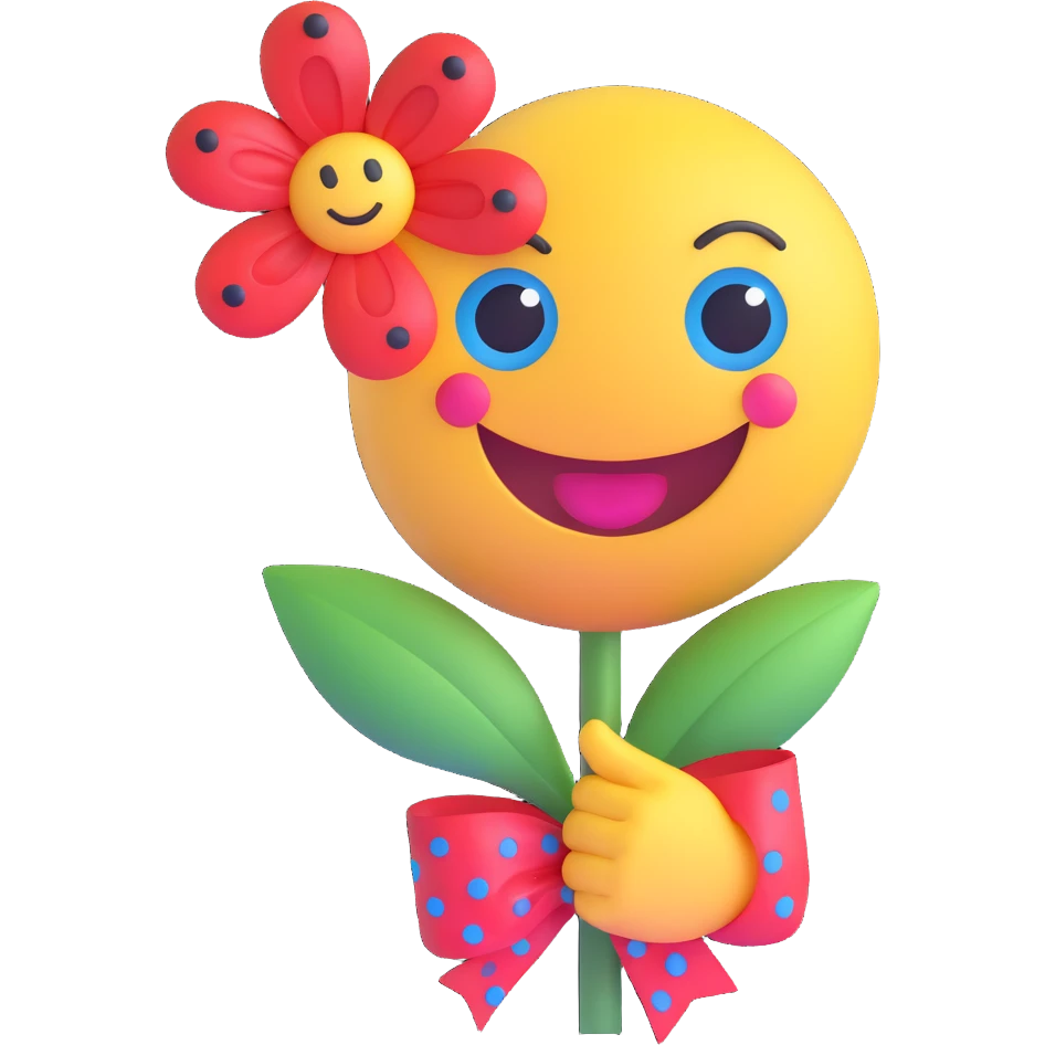 3D smiley emoji, large eyelashes, red polka dot bow, holding a flower with one hand, waving with the other, happy, blue eyes, cute style emoji