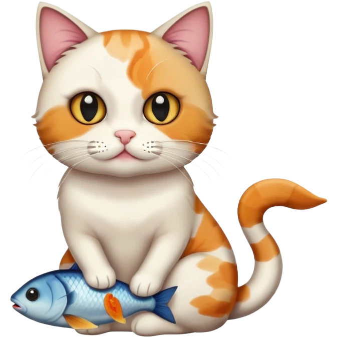 cat full body sitting with black eyes with a fish in its mouth emoji