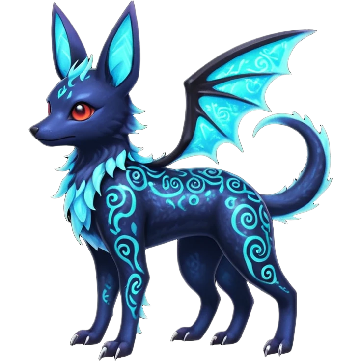Shiny Fiery Dark Ugly Evil Realistic Glowing Eldritch Horror Cool Edgy Badass Emo Glorious Demonic Batty Dusky Ethereal Sparkly Shimmering Magical Punky Aural Iridescent Fluorescent Bioluminescent Umbreon-Noibat-Salandit-Litten-Flareon-Fakémon-fusion (full body) with intricate pattern markings emoji