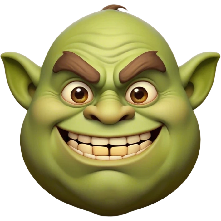 Cinematic Comical Ogre Portrait Emoji, with a strikingly exaggerated, bulky figure in vivid earthy greens and browns, head tilted in a dramatically surprised expression with wide, comically bulging eyes and a goofy, oversized grin, simplified yet hilariously exaggerated, highly detailed with a soft, cartoonish glowing outline capturing the playful absurdity of a meme-worthy ogre! emoji