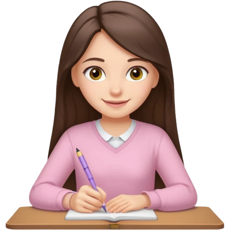 smiling long brunette hair girl hazel eyes wearing light pink clothes writing emoji