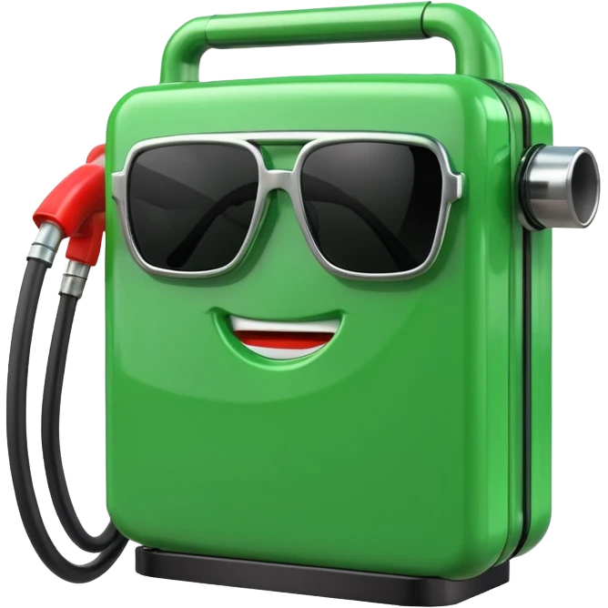 A 3D render of a green rectangular fuel pump as an inanimate object, with black sunglasses placed on its upper front panel. No face, no eyes, no character features, no anthropomorphism. Industrial product style. Clean lighting. Isolated on transparent background. emoji