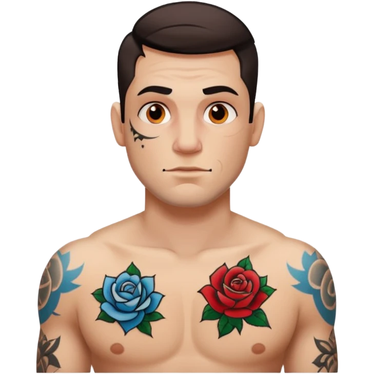 tattoo man, white skintone,tattoos on face, more visible, bulky man with tattos on his chest. emoji