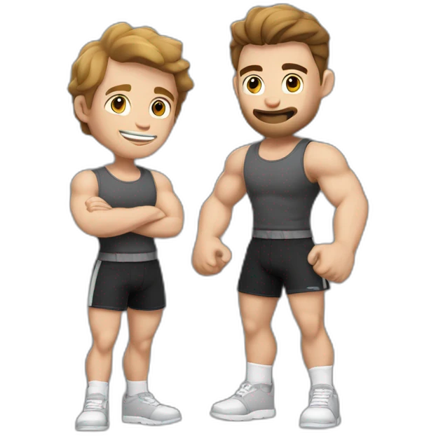 To belt Actively gesturing  with hands Pale skinned Fit Man With the biceps and brown hair in dark gray Sleeveless Mike, black oversize sports shorts, watch and white Sneakers emoji