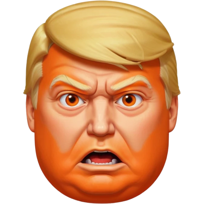 PLEASE MAKE 3 VERSIONS OF AN ISOMETRIC 3D ICON OF A DONALD TRUMP CHARACTER, FROM AN OVERHEAD ISOMETRIC ANGLE, WITH AN ANGRY AND CONFUSED EXPRESSION, HEAVY JOWELS, WITH EXCESSIVE ORANGE MAKEUP, A VERY LARGE, BLOATED STOMACH, AND VERY LARGE ANGLES. emoji