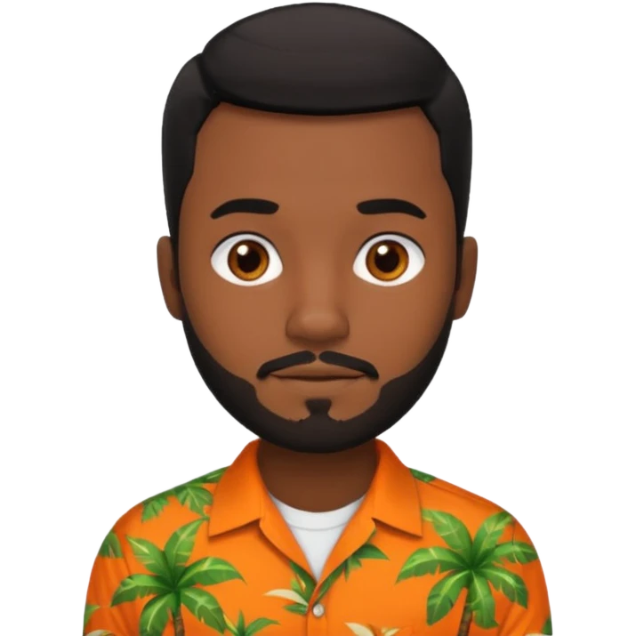 create an emoji of a man but with very very short black hair, dark skin, dark brown eyes and a short beard and an orange and tropical shirt with short sleeves emoji