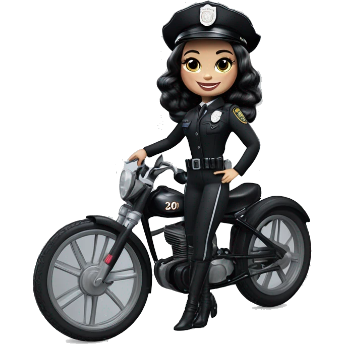 Bouclé Beauty Barbie, Wednesday Addams from academy, in vertically-striped dark-gray and black police officer’s uniform with small hat. Leaning back at the hips, riding a wheelie on a hot rod bike smiling  emoji