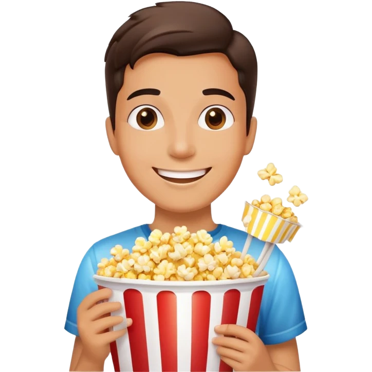 Person watching a movie with a happy face, holding popcorn bucket, cinema lights reflected on face emoji