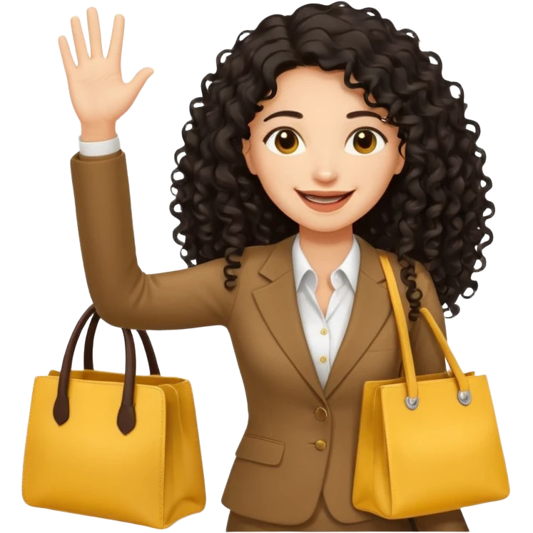 medium deep tan brown business woman with long black curly hair, waving hand with happy face with smile mouth and carrying bag on her shoulder and the other hand holding yellow stanley tumblr emoji