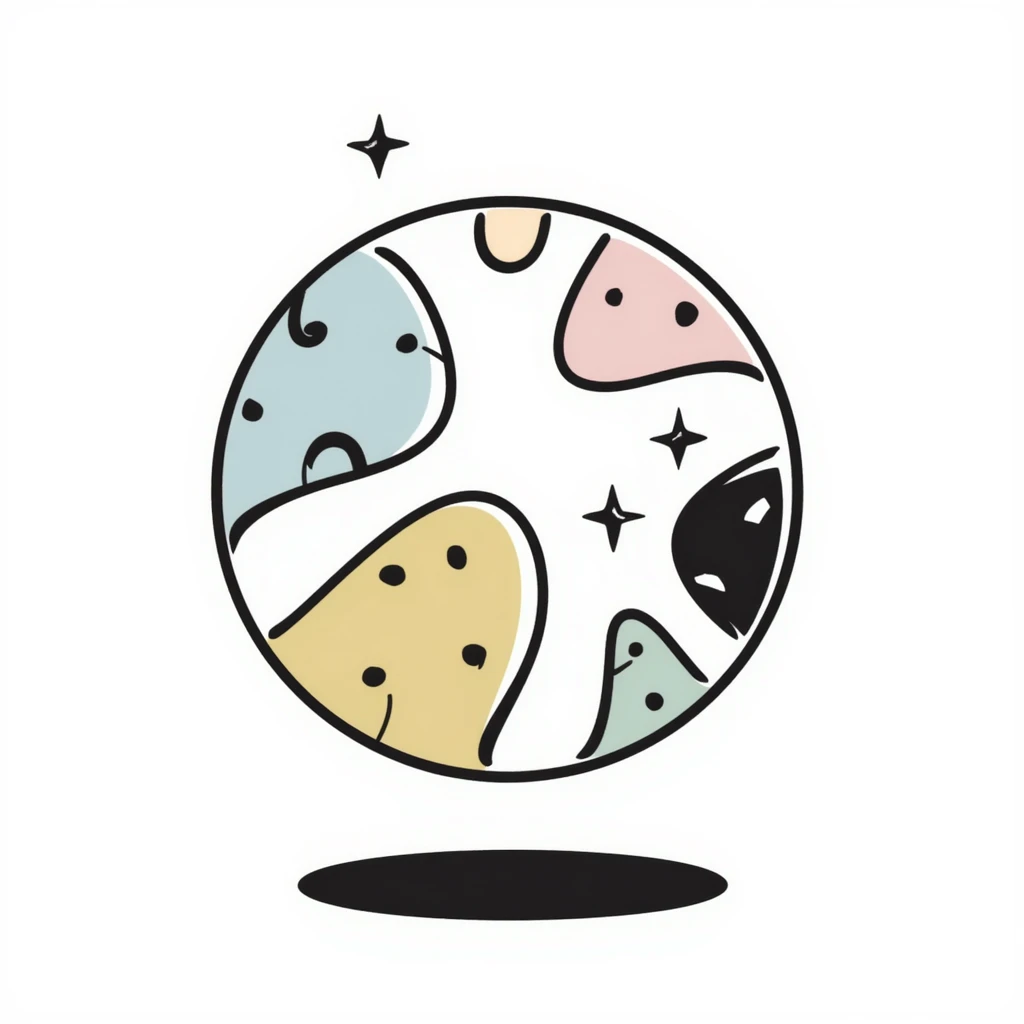 A colorful children's toy ball with patterns in pastel colors (dd9fb0, ffc6d3, a3bfc9, c4bee2, f1b091), hand-drawn doodle style emoji