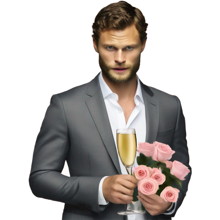 Photo of Jamie Dornan as Mr Grey holding roses and champagne  emoji