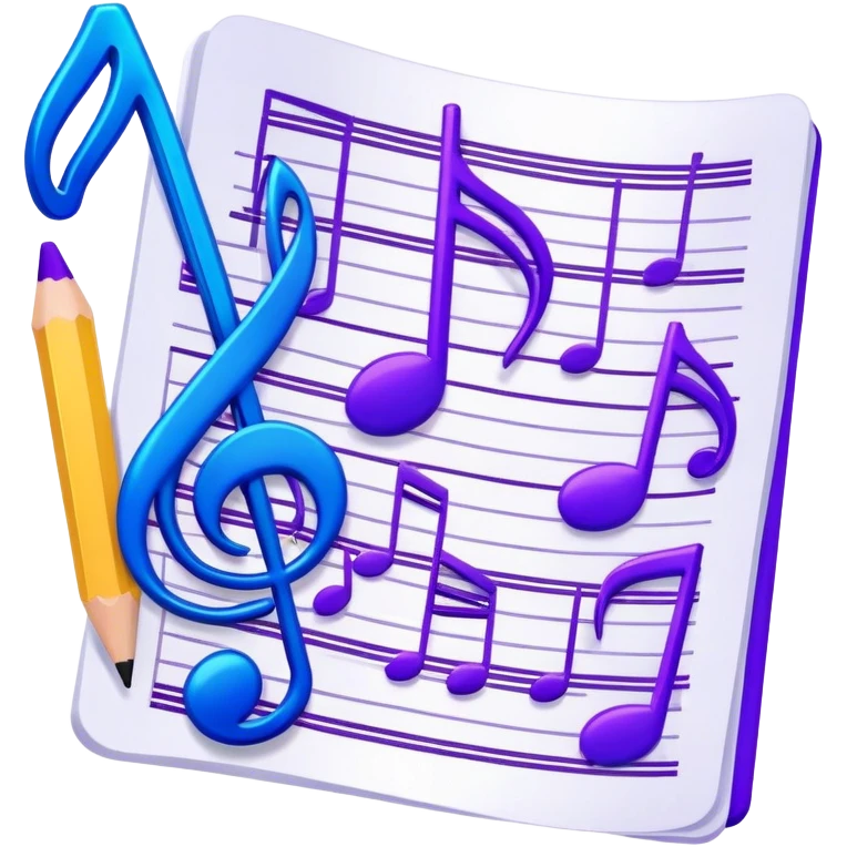 Emoji that represents music track writing. The design should feature a music composition sheet with musical notes and lyrics, a digital audio workstation (DAW) interface or soundwaves, and a pencil or pen to symbolize the writing process. Add a touch of technology with subtle elements like sound mixing sliders or waveform graphics. Use a blend of vibrant and inspiring colors, such as electric blue or neon purple, to evoke a sense of creativity and innovation. The background should be transparent. emoji