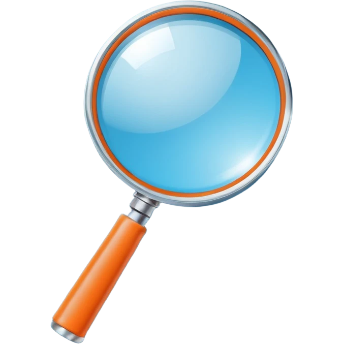 A stylized blue magnifying glass tilted right, flat design, minimalist, vibrant orange handle, white circular background, high resolution, 2048x2048 pixels, vector art, clean lines emoji
