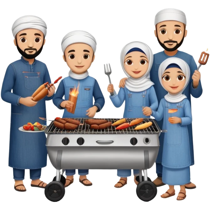 Turkish beautiful finished islamic family denim clothes and make bbq time emoji