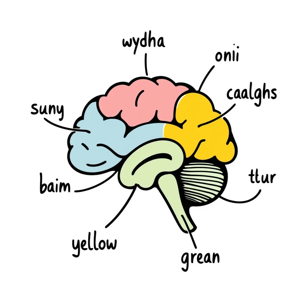 Anatomical brain diagram with colored regions: cerebrum in pink, cerebellum in yellow, brain stem in green, and frontal lobe in light blue. Detailed hand-drawn medical illustration with labeled major parts and lobes. emoji