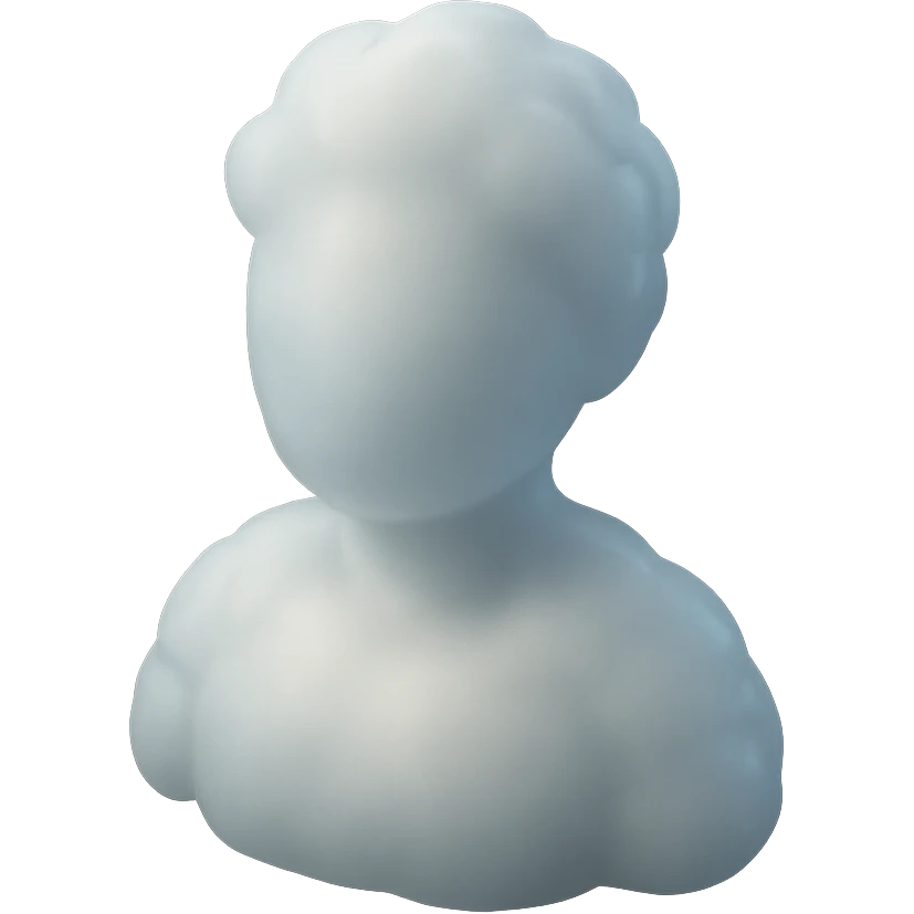 person made of clouds, fluffy, white, shoulder up, front view, matte glass style emoji
