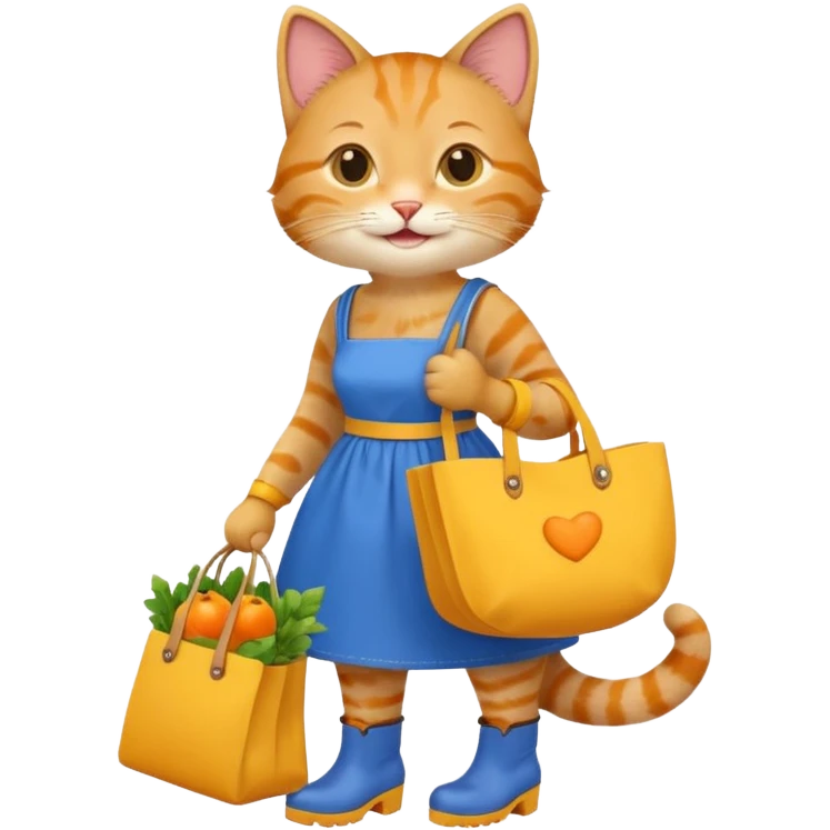smiling-cat-in-a-blue-dress,-yellow-boots,-carrying-a-market-bag emoji