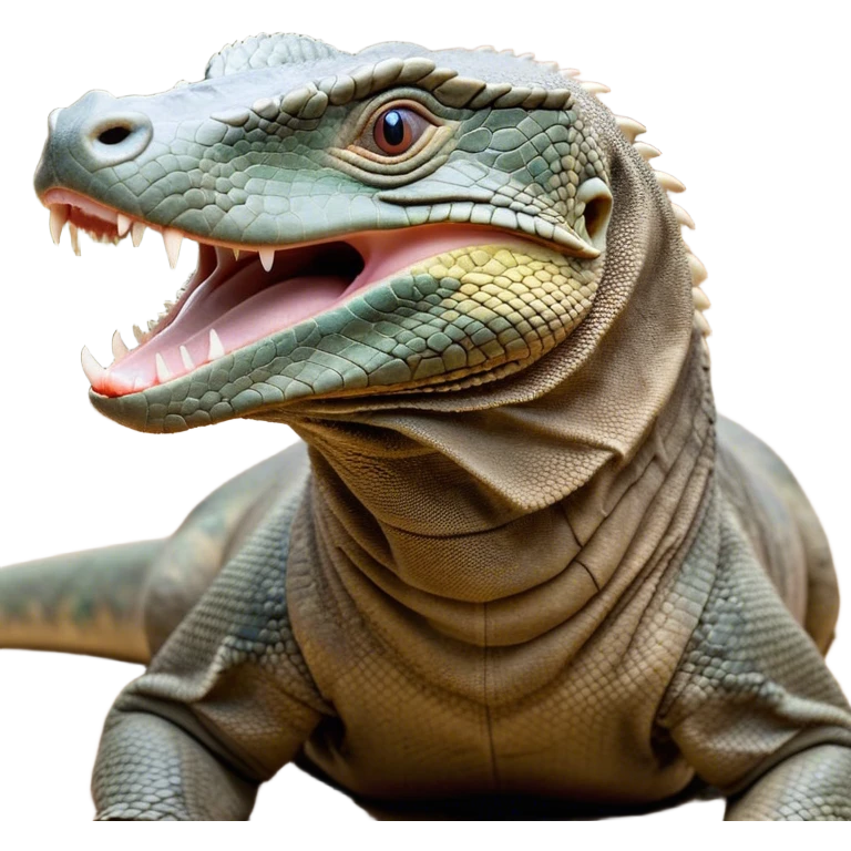 Cinematic Realistic Cute Yawning Komodo Dragon Portrait Emoji, Head tilted slightly with a dramatic, wide-open yawn, showcasing a soft, rugged scaled hide with subtly drooping features and half-closed, drowsy eyes rendered in authentic detail, high shine, relaxed yet expressive, styled with a dash of natural desert charm, soft glowing outline, capturing the essence of a sleepy yet affectionate Komodo dragon that appears ready to stretch out for a deep, restful nap! emoji