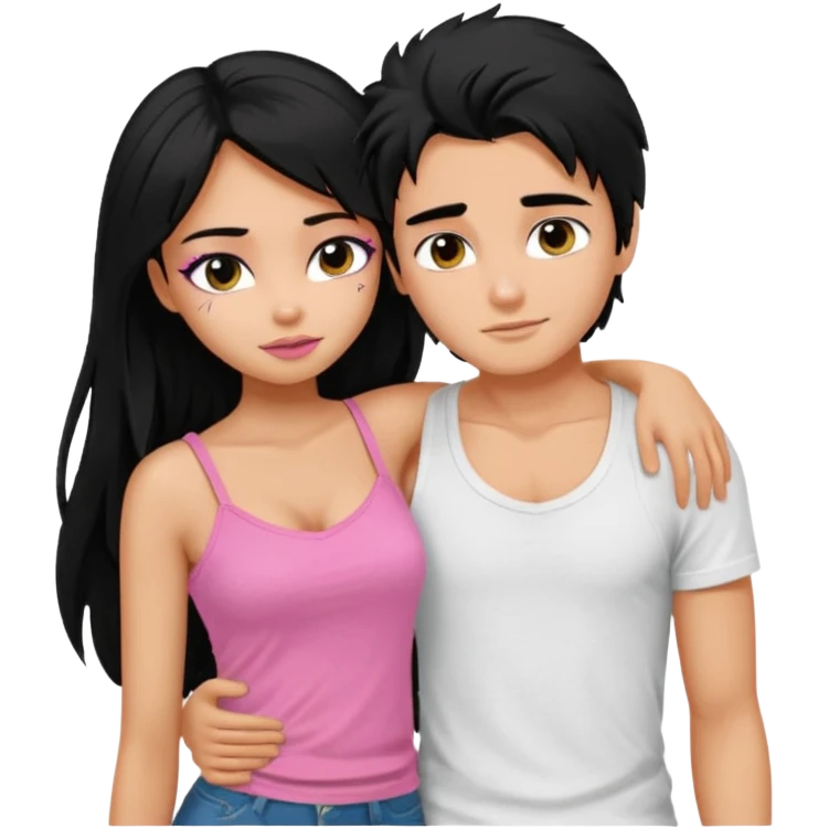 generate a pretty tan bratz boy with messy black hair wearing a white tshirt. Hugging a fair girl with long black hair, eyeliner, wearing a pink cami.  emoji