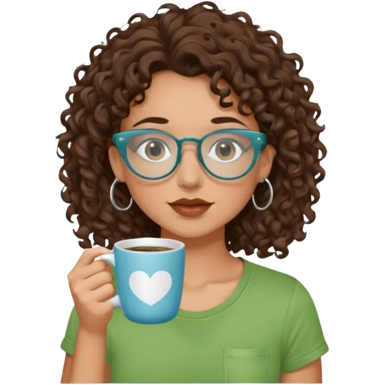 White girl with dark brown curly hair, brown eyes, sky blue glasses, nose piercing septum, green t shirt, drinking coffee from a cup emoji