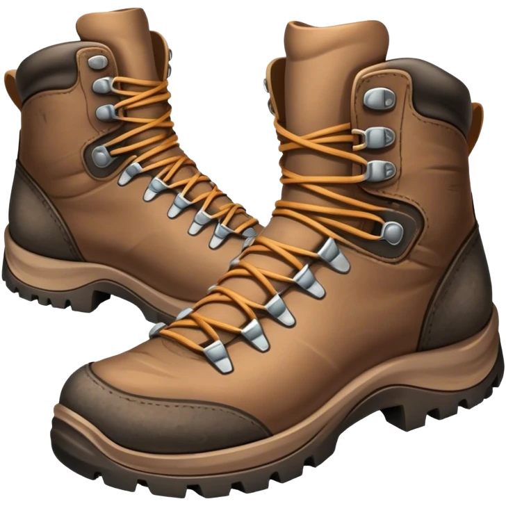 Cinematic Realistic Hiking Boots, well-worn leather boots resting on a rocky trail, scuffed edges and dirt-speckled laces adding character, glowing softly under the dappled sunlight filtering through the trees. emoji