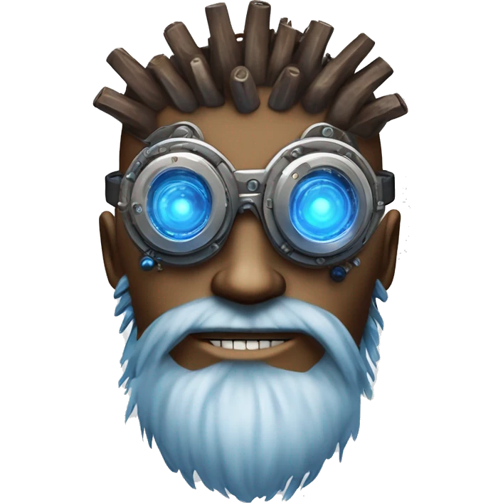 Brown cyborg head with blue Mohawk, blue beard, silver steampunk monocle goggles a smile and circuits emoji