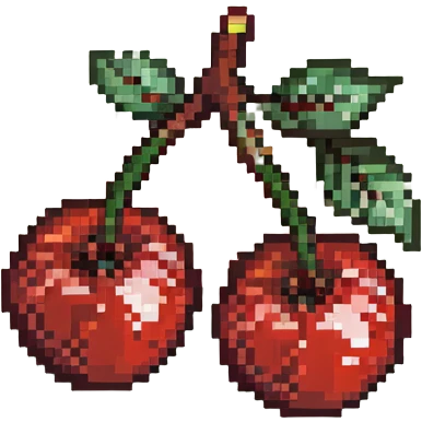 Pixel art of two red cherries on a brown branch with green leaves emoji
