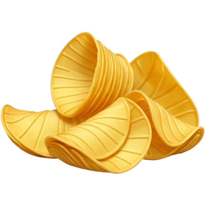 3 golden potato chips, curved, overlapping, crispy edges, light texture, warm yellow-gold, 3D, minimal, soft shadows, no packaging, no bowl, no branding, no anthropomorphic features, transparent background, emoji scale emoji