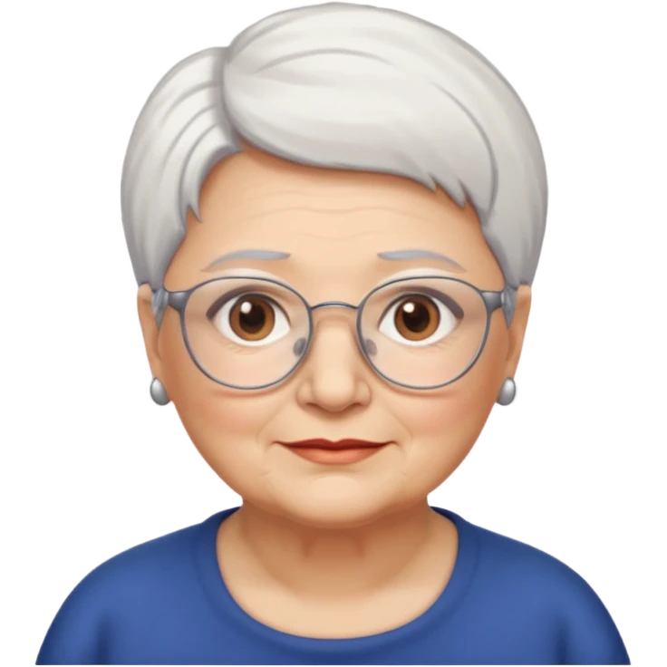 Create me emoji of an old mid-fat lady. Short white hair to left side. Square glasses. Brown eyes. Without any earings. Long head emoji
