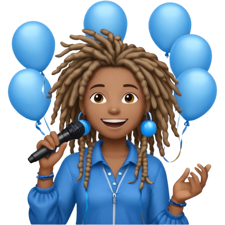 Black girl Stud with dreadlocks singing 1,2,3 release em with white and blue balloons flying overhead emoji like with mic in hand  emoji