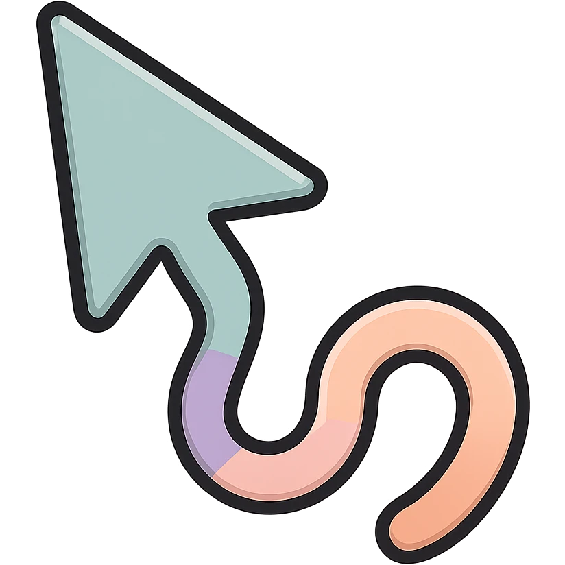 mouse cursor arrow with a long tail, icon-color-outlined style, thin clean outlines, soft rounded shapes, pastel palette #98B5BC, #B5B3C1, #C9A3C9, #E4C0CA, #F7DCD1, #F7C0AA, detailed shadows and highlights, soft lighting, transparent background emoji
