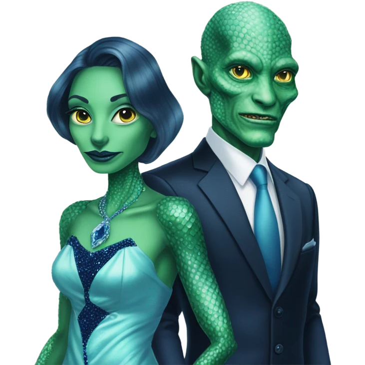 reptilian alien green skin woman, in long slim pastel blue formal party satin dress with gradient shiny sparkling navy blue diamonds embroidered , and caucasian man in black dres emoji