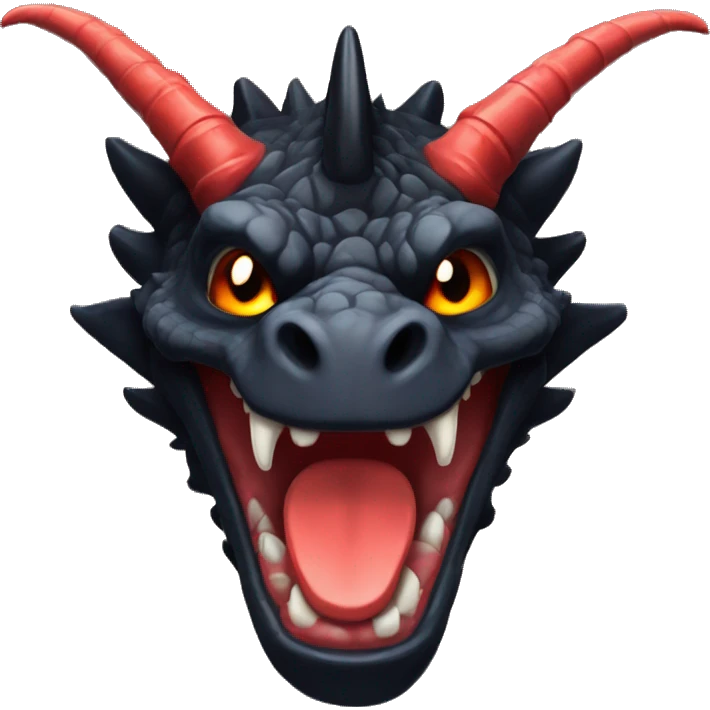 BlackDragon with Scarlet markings 2 horns waving in drawn anime style. vibrant colors. slght smirk and tiled head slightly emoji