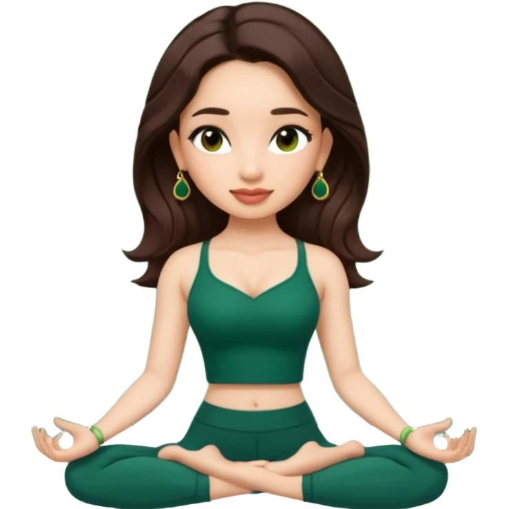 pretty bratz genmoji that looks like tamannah bhatia (bollywood actress), wearing a dark green sweetheart neckline top, dark brown hair, light makeup, no necklace, dangly earrings, side hair part, dark brown eyes, doing yoga emoji