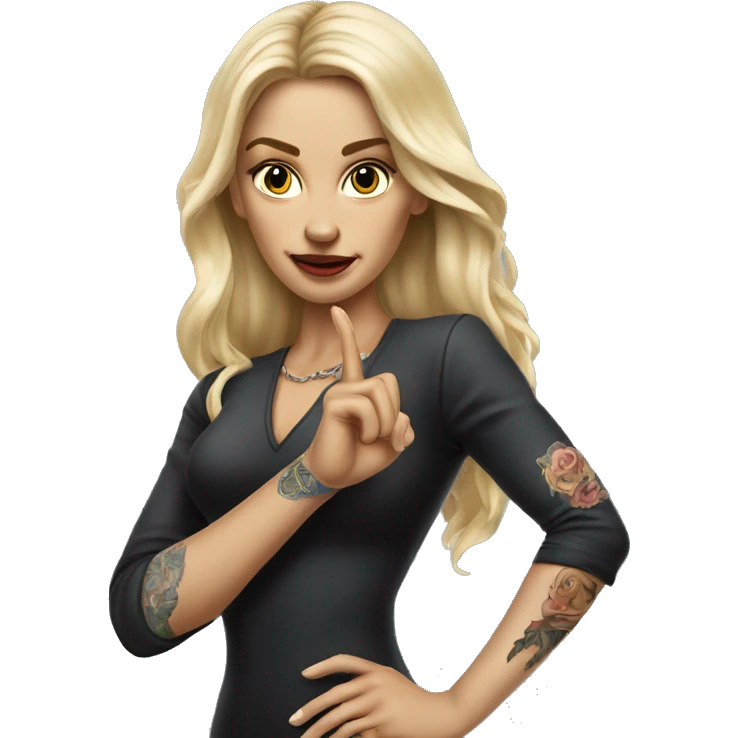 Blonde elegant women with LONG HAIR, her Body Covered with Tattoos, POINTING YOU FORWARD with her HAND with INDEX FINGER, Hyper realistic emoji
