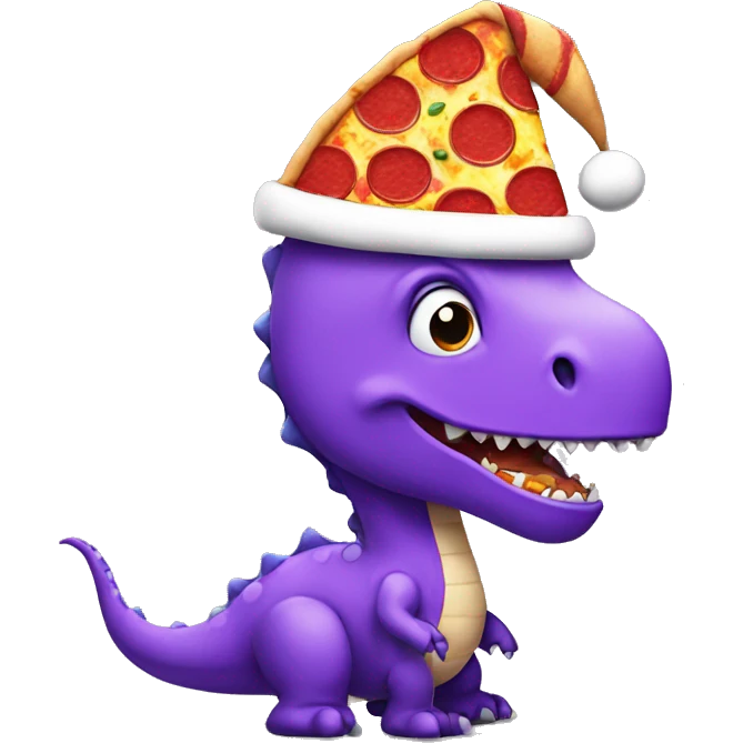 Purple dino wearing a santa hat with a pizza emoji