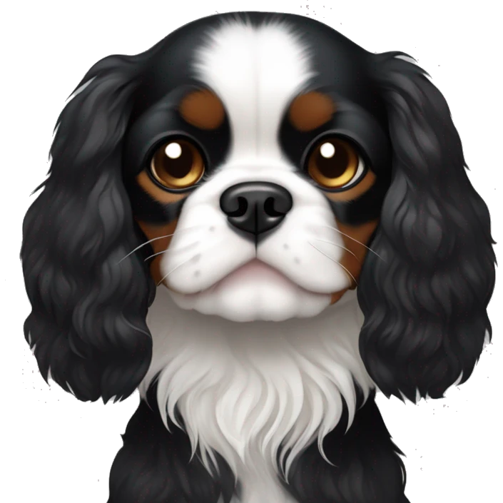 Small completely black Cavalier King Charles spaniel with black fur on his whole face and white fur on chest emoji