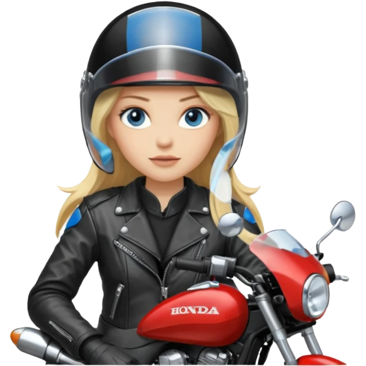 moça cabelo comprido loira de olho azul de capacete em uma moto honda preta  emoji
