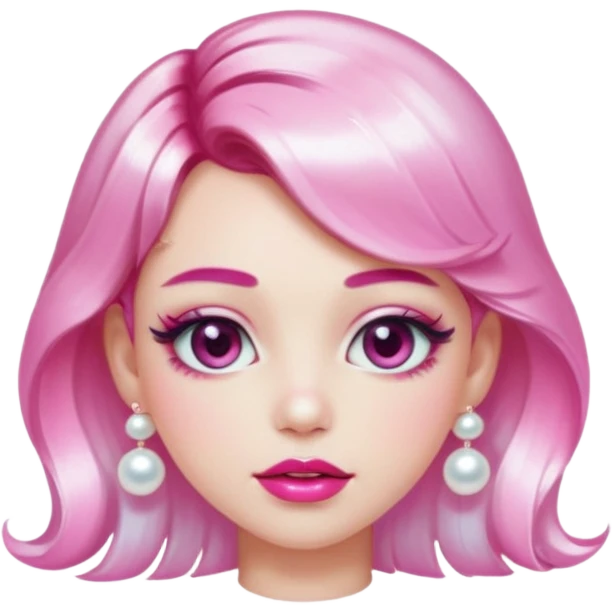 “Emoji girl, glossy pink eyelids, ombré cherry lips, soft contour, subtle glitter under eyes, pearl hair clips, trendy hairstyle, iridescent modern top.” emoji