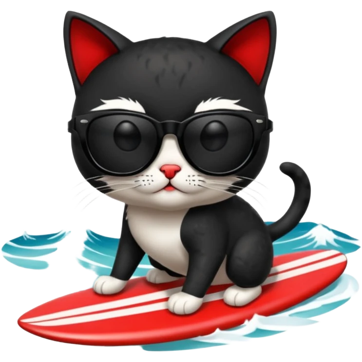 a bad kitty on the waves. make the cat look devlishish with a pair of black ray bans wayfers on. surfing. I want the ray bans black so you cant see the cats eyes emoji