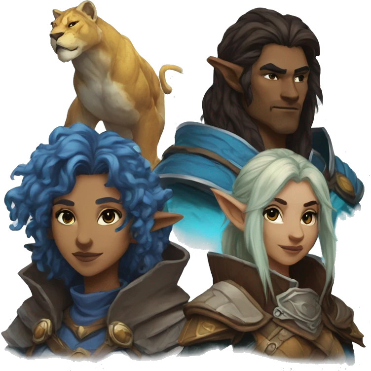 A dungeons and dragons team consisting of a human rogue,a blue Druid firbolg, a lion paladin and a female elf wizard emoji