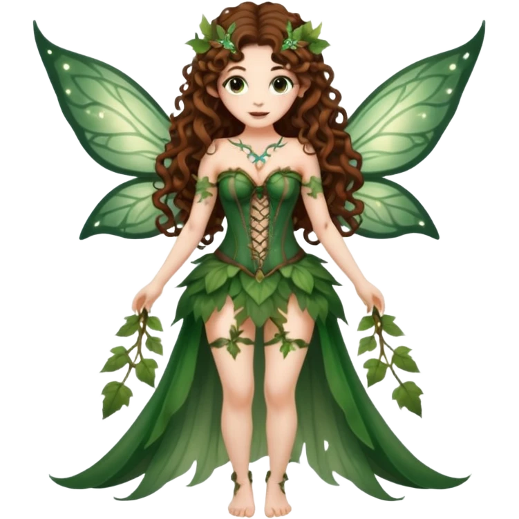 full body woman long curly brown hair brown eyes white skin tattoos dressed as glowing forest fairy with translucent wings and vine corset emoji