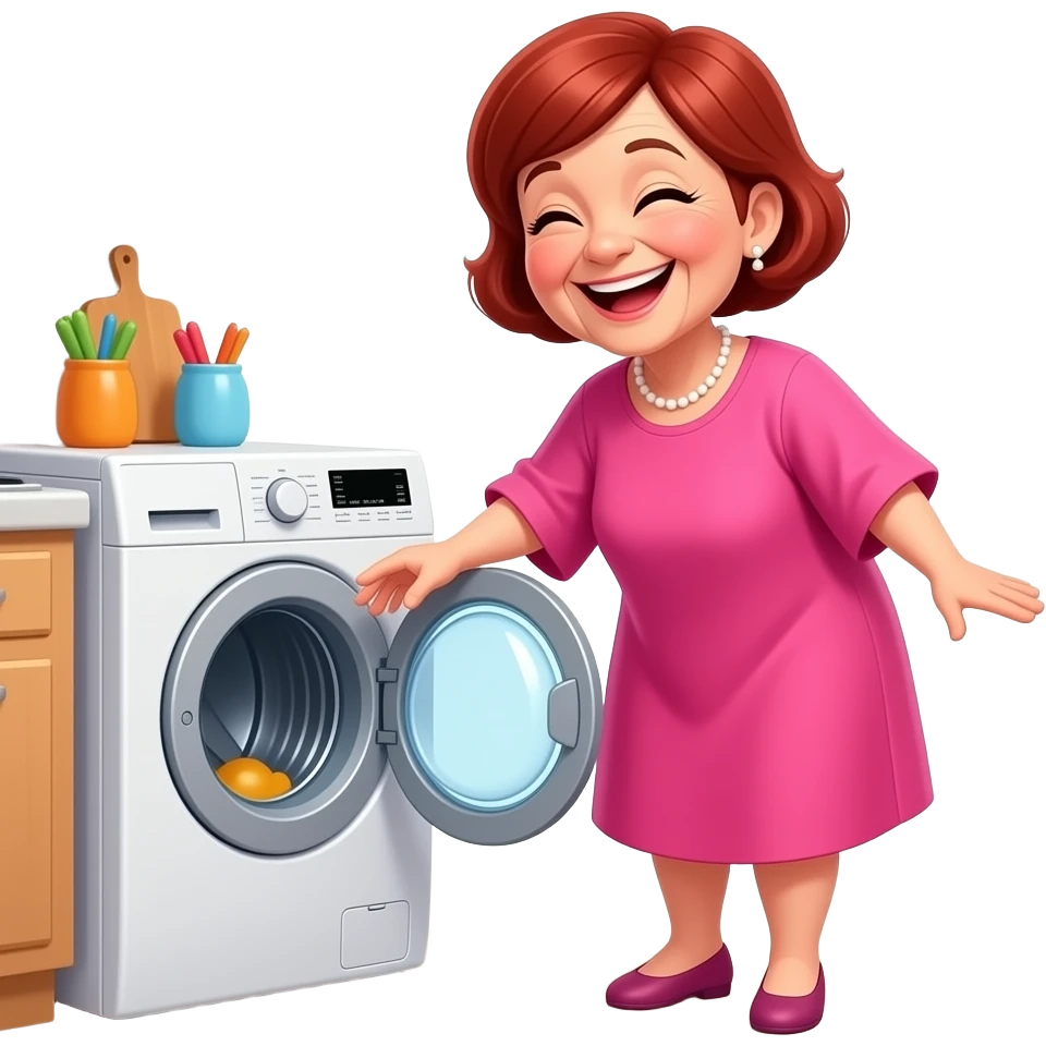 elderly small woman.razor cut very short red hair.wearing bright loose fitting dress in love with her new washing machine surrounded by pink and red love hearts emoji