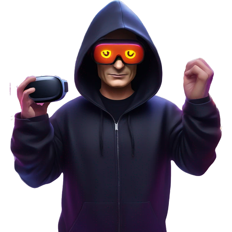 Vladimir Putin wearing a black hoodie with "OMG" letters on it and VR headset oculus quest 2 in a cyberpunk VR environment with violet neon lighting. emoji