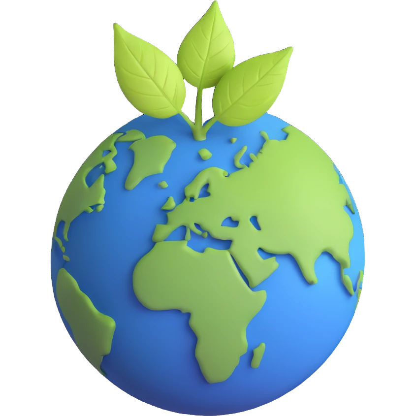 A single green leaf resting gently on top of a vibrant, round Earth globe. The focus is on the leaf and the globe with a simple background and soft natural lighting emoji